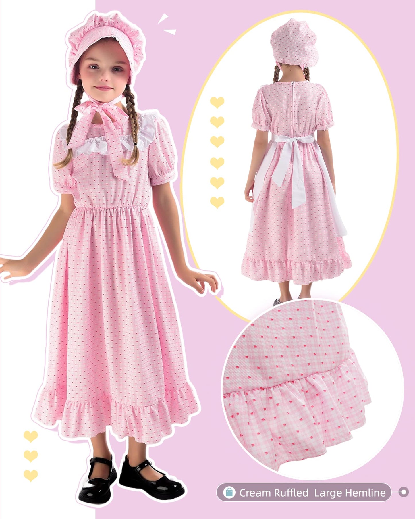 NSPSTT Pioneer Dresses for Girls Colonial Costume Prairie Dresses for Girls Polka Dot Dress, Pink S