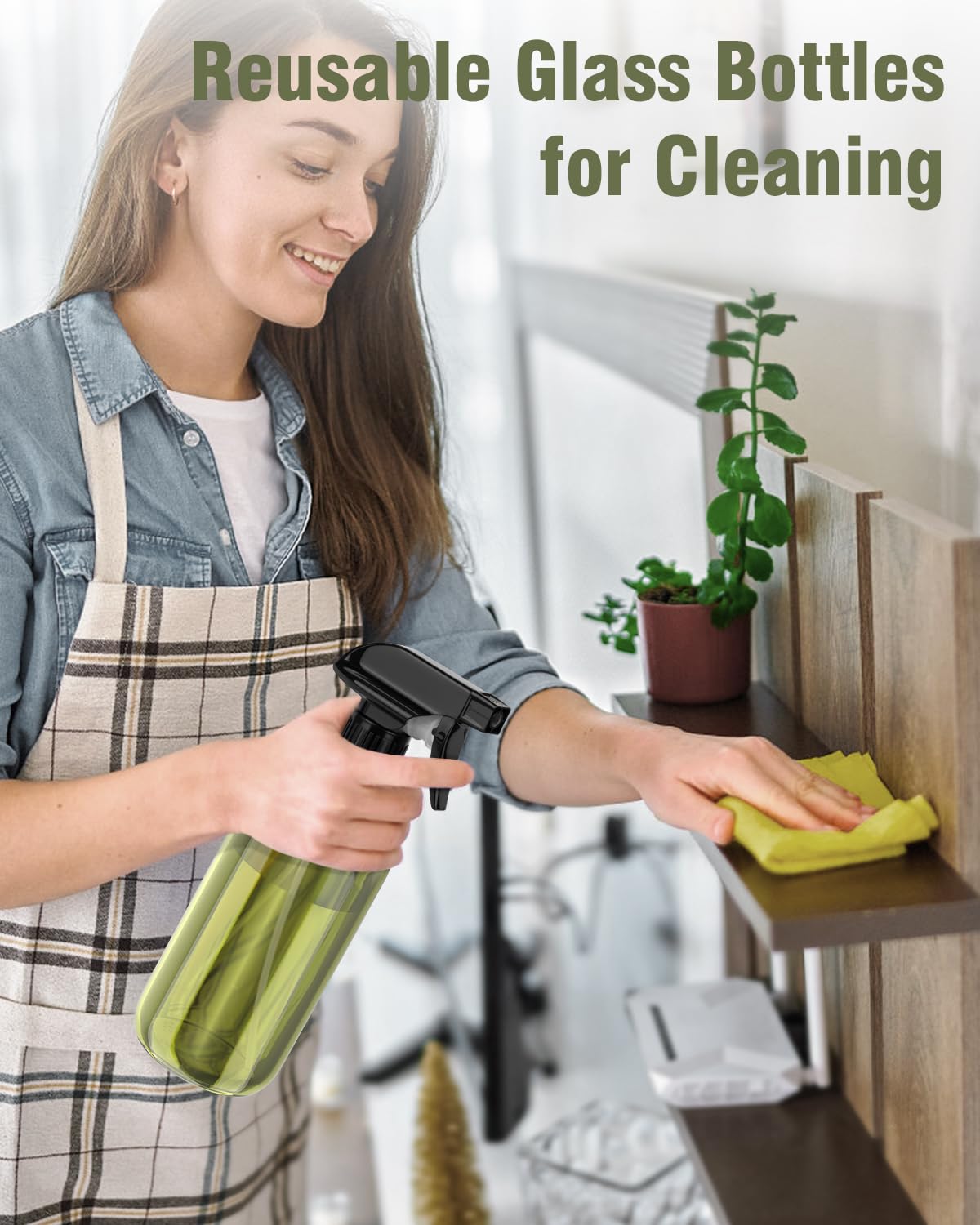 Glass Spray Bottle, Olive Green Glass Spray Bottle Set & Accessories for Non-toxic Window Cleaners Aromatherapy Facial Hydration Watering Flowers Hair Care (2 Pack/16 oz)