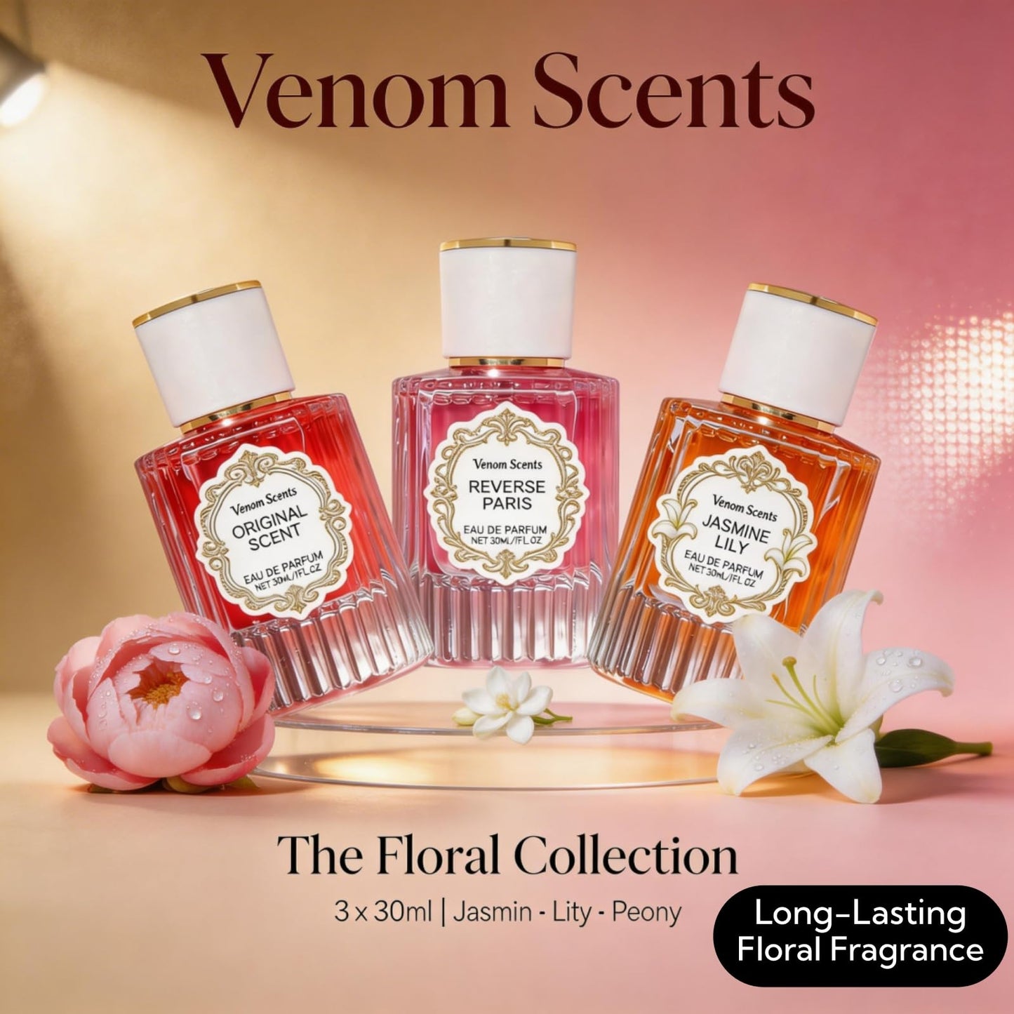 Venom Scents 3PCS Pheromones Perfume Collection for Women (30ml Each) - Jasmine, Lily & Peony Scent | Long-Lasting Floral Fragrance