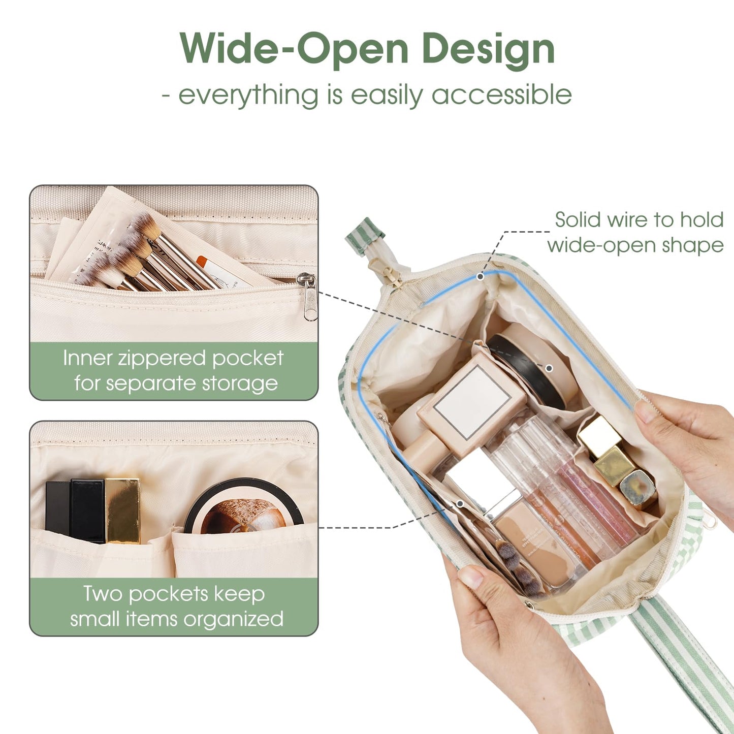 Narwey Striped Makeup Bag Women Wide-open Make up Bag Travel Cosmetic Bag Organizer Toiletry Bag for Cosmetics Toiletries Accessories (Mint Green Stripe)