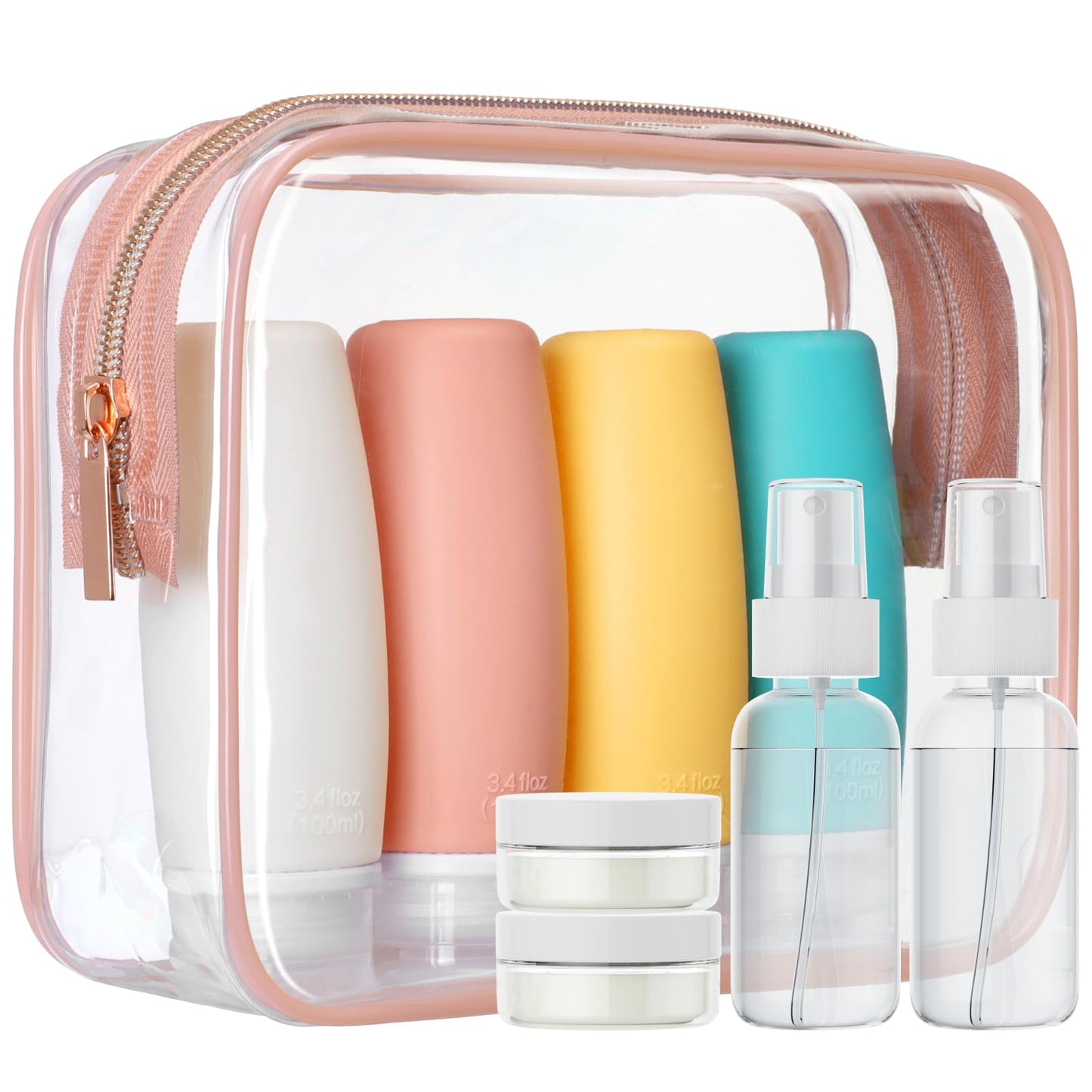 PACKISM TSA Approved Toiletry Bag with Bottles - Travel Essentials 8 Pack Leakproof 3.4oz Silicone Travel Bottles for Toiletries, Shampoo Conditioner Lotion Body Wash BPA Free, Pink