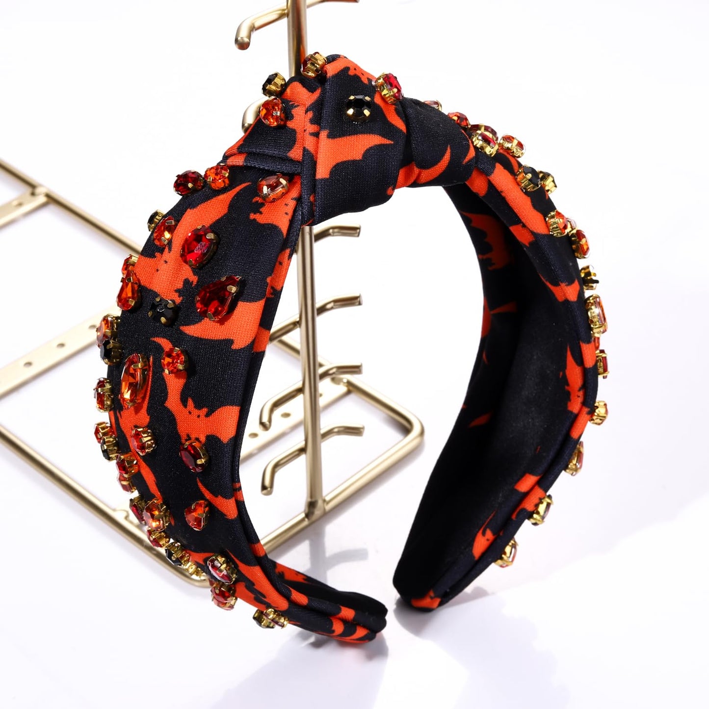 Halloween Headband for Women Pumpkin Witch Hat Charm Knotted Headband Pearl Crystal Embellished Skull Print Top Knot Hairband (E Bat Print Knotted23919)