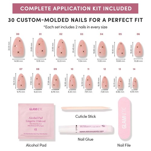 Glamnetic Press On Nails - Pink Comet | Short Almond Fake Nails in Pale Blush Pink with Lavender 3D Gems in a Glossy Finish, Salon Quality | 15 Sizes - 30 Nail Kit with Glue