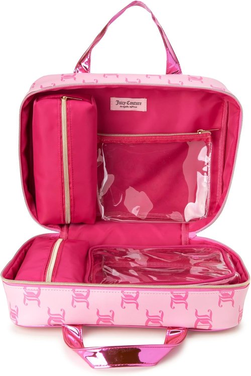 Juicy Couture Pink Makeup Bag - Stylish Cosmetics Organizer with Shiny Trim for Travel Essentials