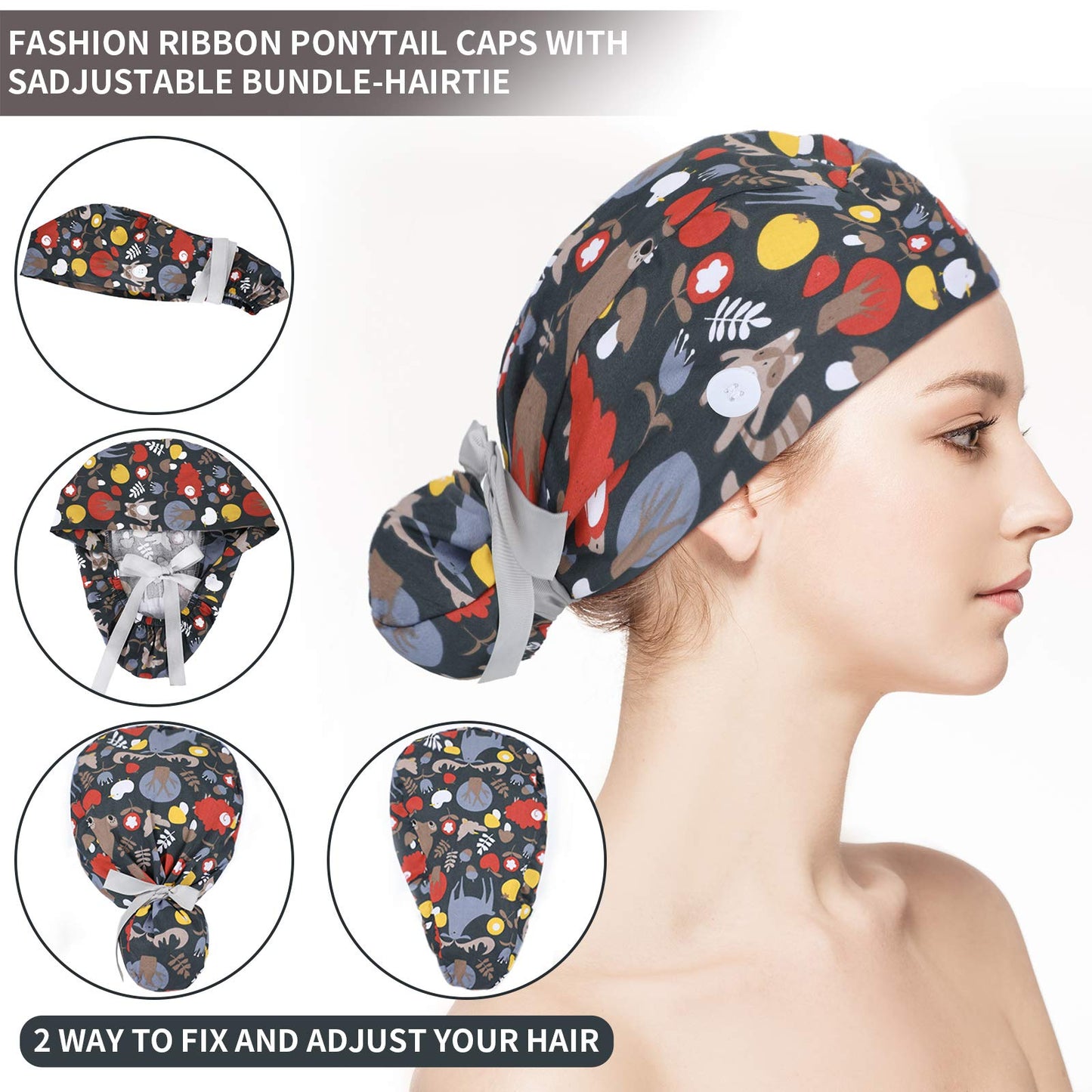 Honoson 6 Pcs Scrub Caps Women Nursing Hats with Buttons Adjustable Bouffant Nurse Hats Ponytail Holder Bouffant Turban(Retro Patterns) Multi-Color