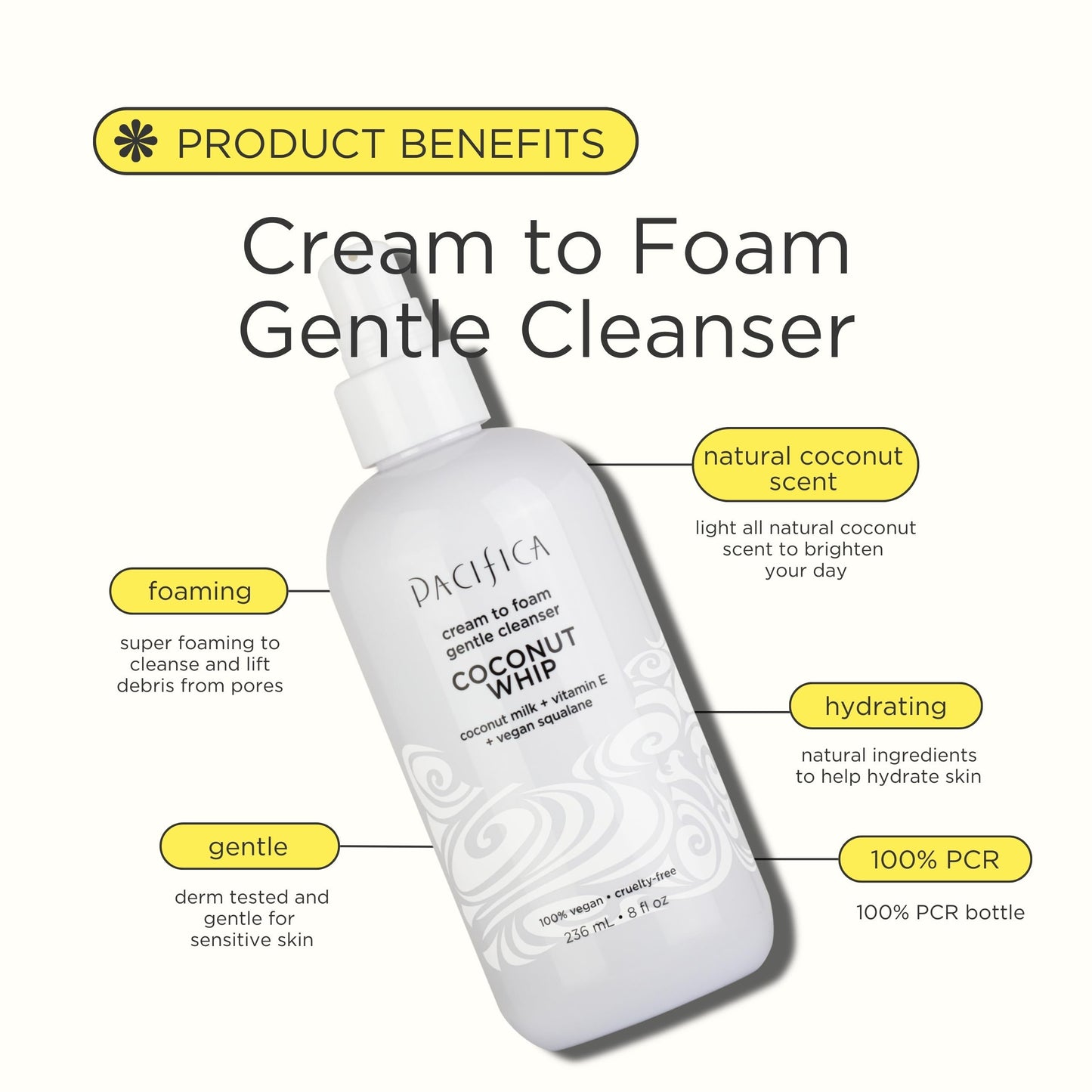 Pacifica Coconut Whip Cream to Foam Face Wash - Gentle Hydrating Facial Cleanser for Dry & Sensitive Skin, Moisturizing Daily Face Wash, Non-Comedogenic Vegan & Cruelty-Free, Dermatologist Tested 8oz