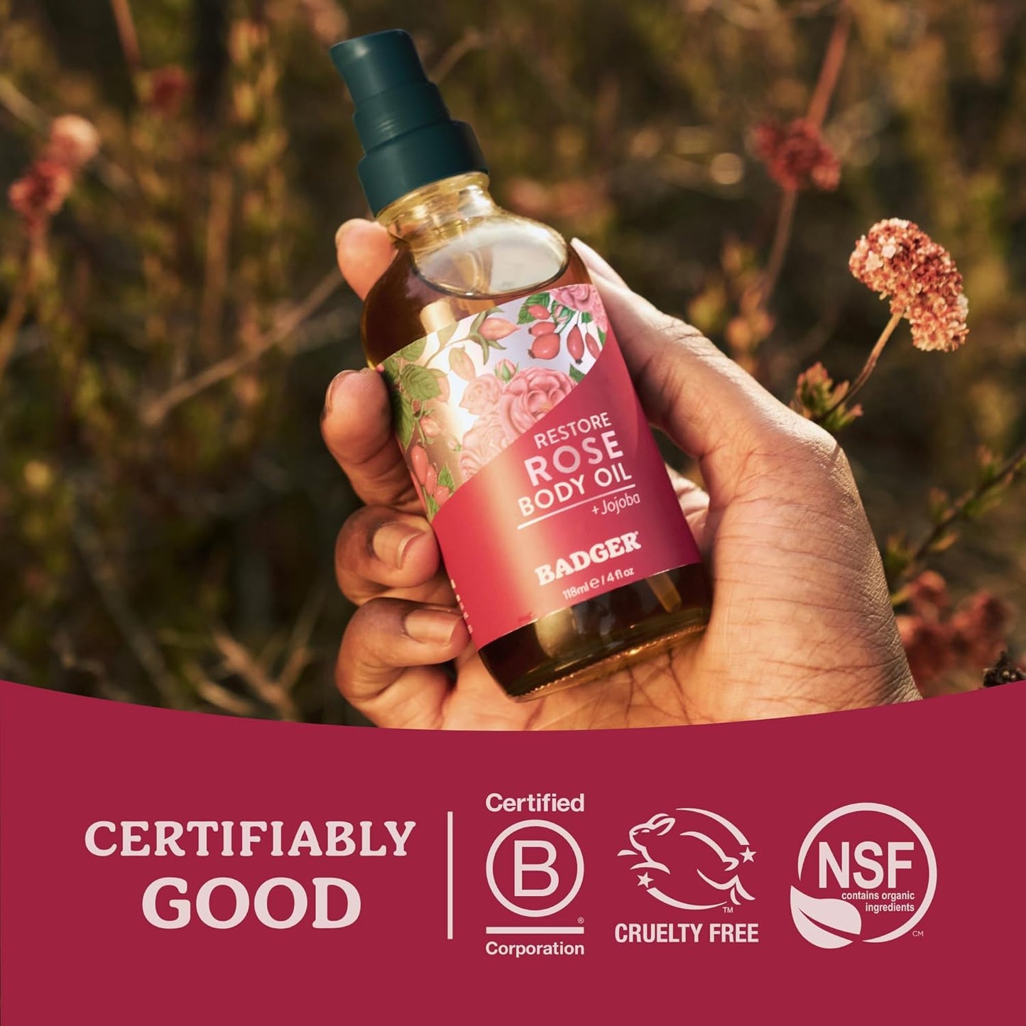 Badger Rose Body Oil - 100% Organic Rose Scented Moisturizer for Dry Skin | 4 fl oz Glass Bottle