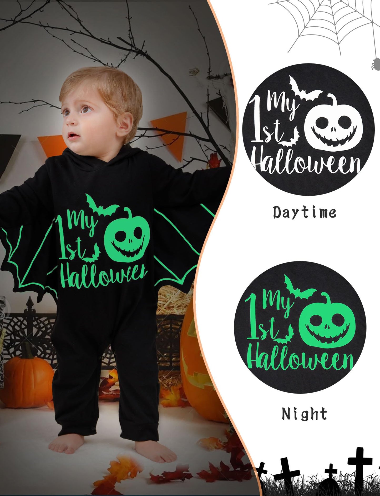 Goodstoworld Baby Halloween Rompers Boy Bat Newborn Gender Neutral Clothes with Hat Girl Glowing Black Bodysuit Stuff For Cosplsy Photography Party