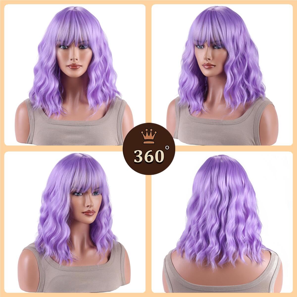 AneShe Lavender Purple Wig Short Purple Wavy Wig With Air Bangs Curly Synthetic Hair Wig Short Colorful Wavy Bob Wigs for Women Party Cosplay (14" Lavender Purple)