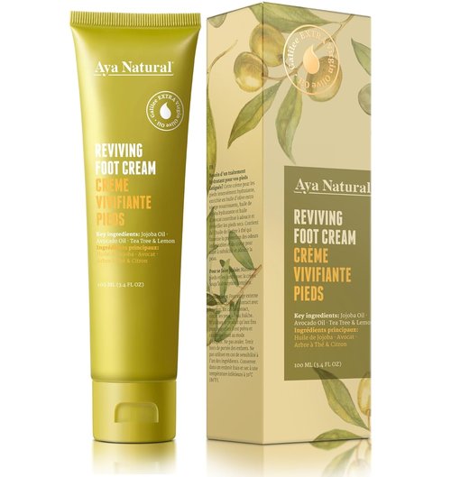 Natural Foot Cream - Moisturizing Olive, Jojoba & Avocado Oils - Fast-Absorbing, Non-Greasy Formula with Tea Tree & Lemon - 100ml / 3.4 fl oz