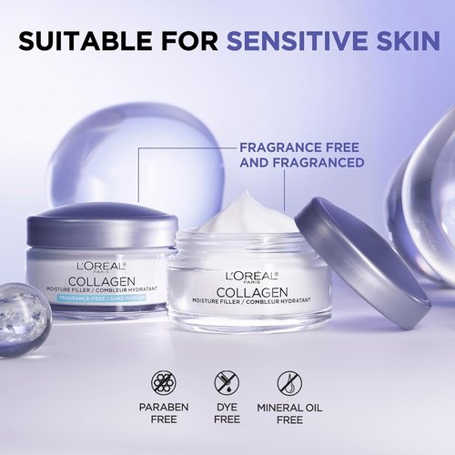 L'Oreal Paris Collagen Moisture Filler Face Cream - Anti-Aging Hydration, Fragrance-Free, 3.4 Oz (Pack of 2)