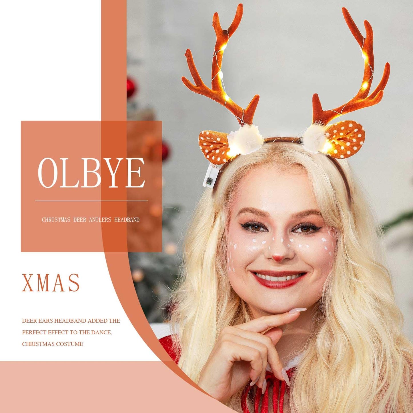 Olbye Led Deer Antlers Headband Women’s Deer Costume Accessories Light Up Fawn Horn Headband Reindeer Antler Headpiece Halloween Cosplay Costume Ears Holiday Party Accessories for Women Girls (A)