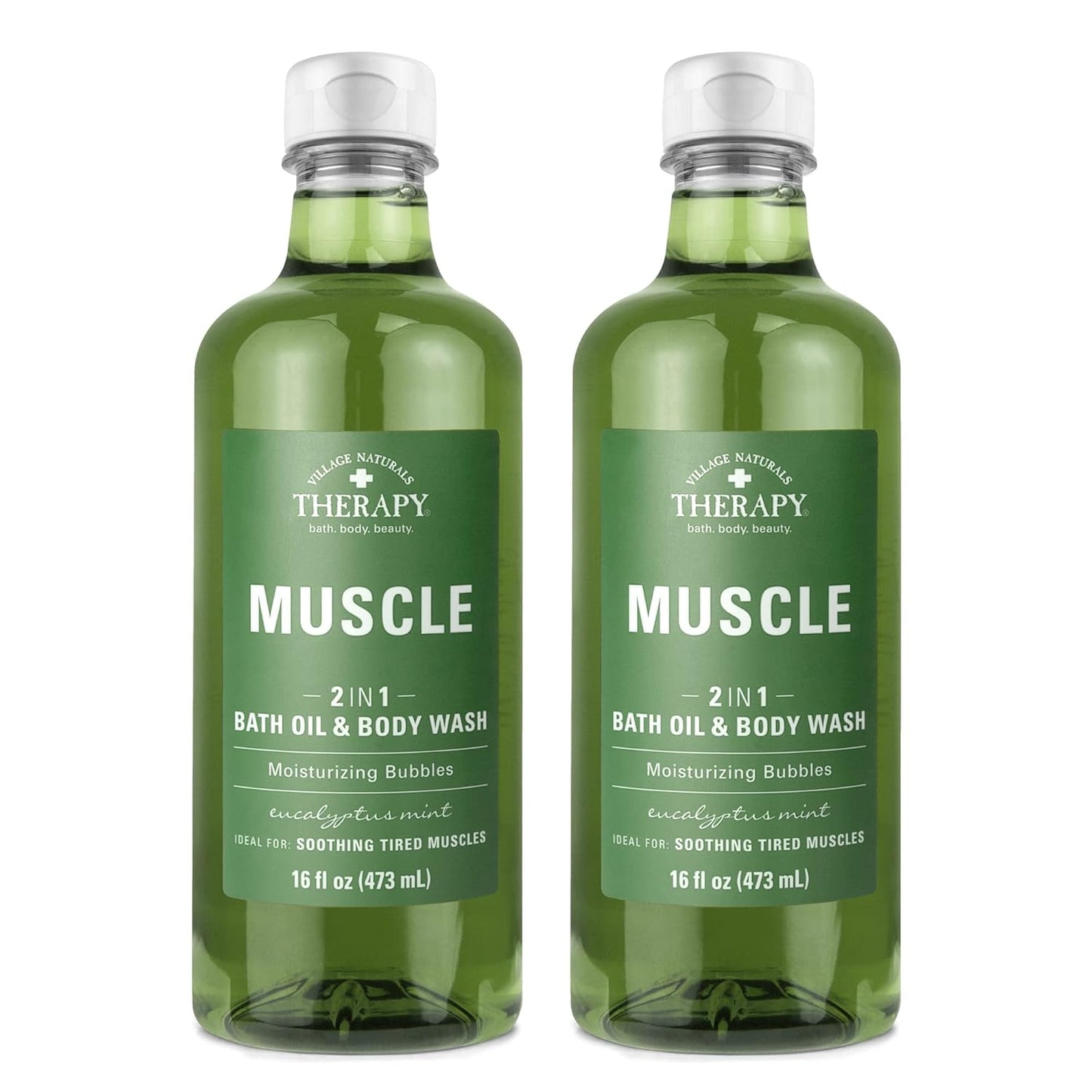 Village Naturals Therapy Muscle Foaming Bath Oil | Relaxing Body Wash - 16 oz (2 Pack) - Green