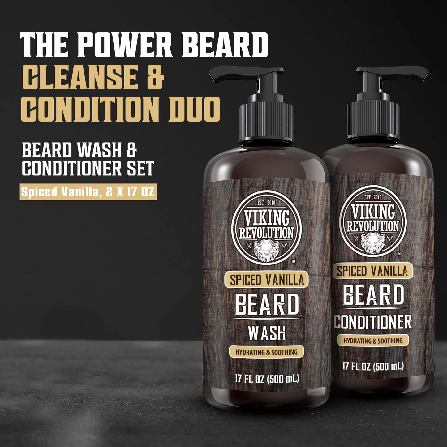 Viking Revolution Beard Wash & Conditioner | Argan & Jojoba Oil - Softens & Strengthens (17oz Spiced Vanilla)