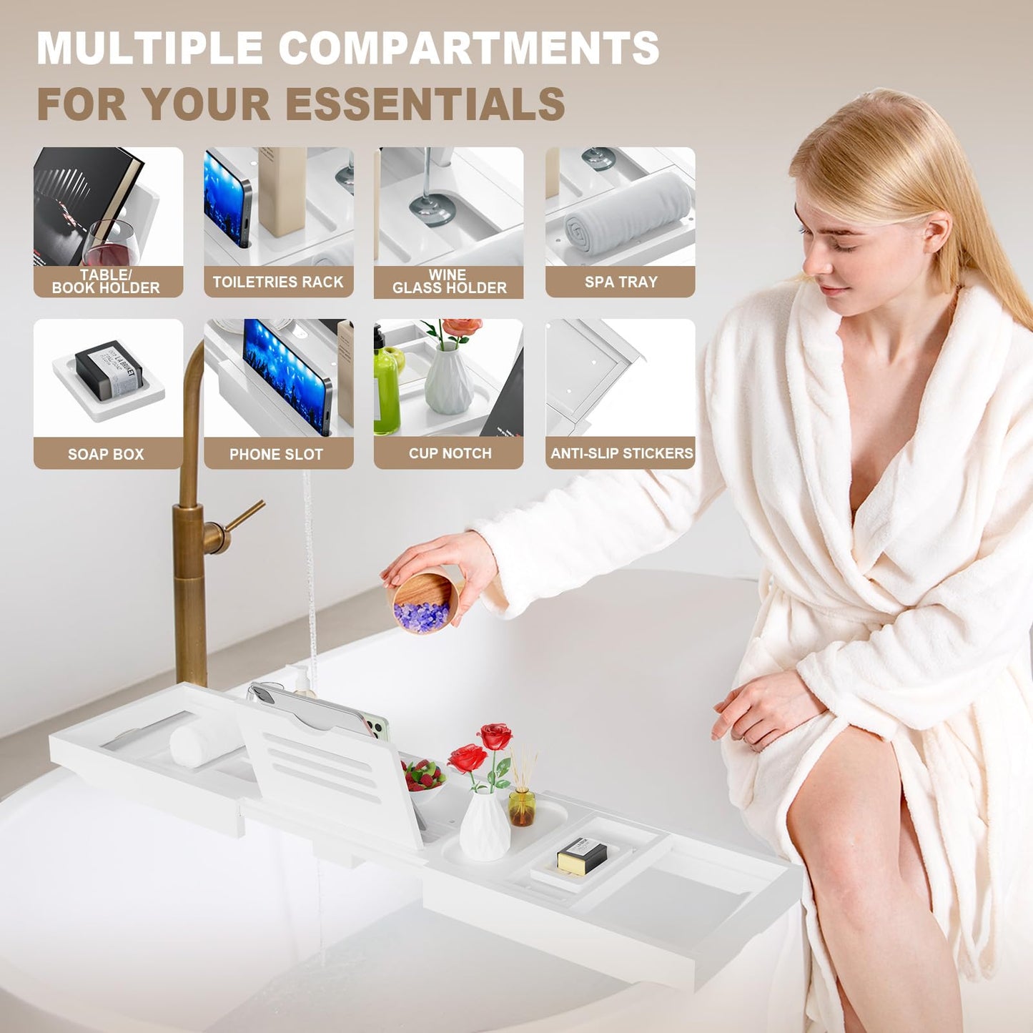 Yirilan Foldable Bamboo Bathtub Tray Caddy, Bathtub Tray, Can Place Wine Glasses, Books, Mobile Phones Multifunctional Bath Tub Tray, Suitable for Gifts in Various Festivals, White