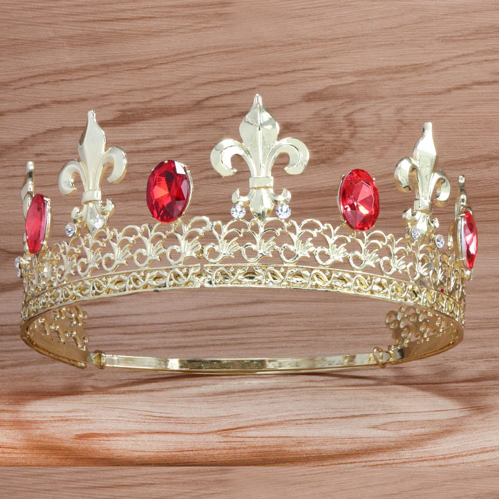 Crown Crystal Rhinestone Tiaras Bridal Headdress King Wedding Hair Accessory For Birthday Party Show Prom Photography (Gold Red)