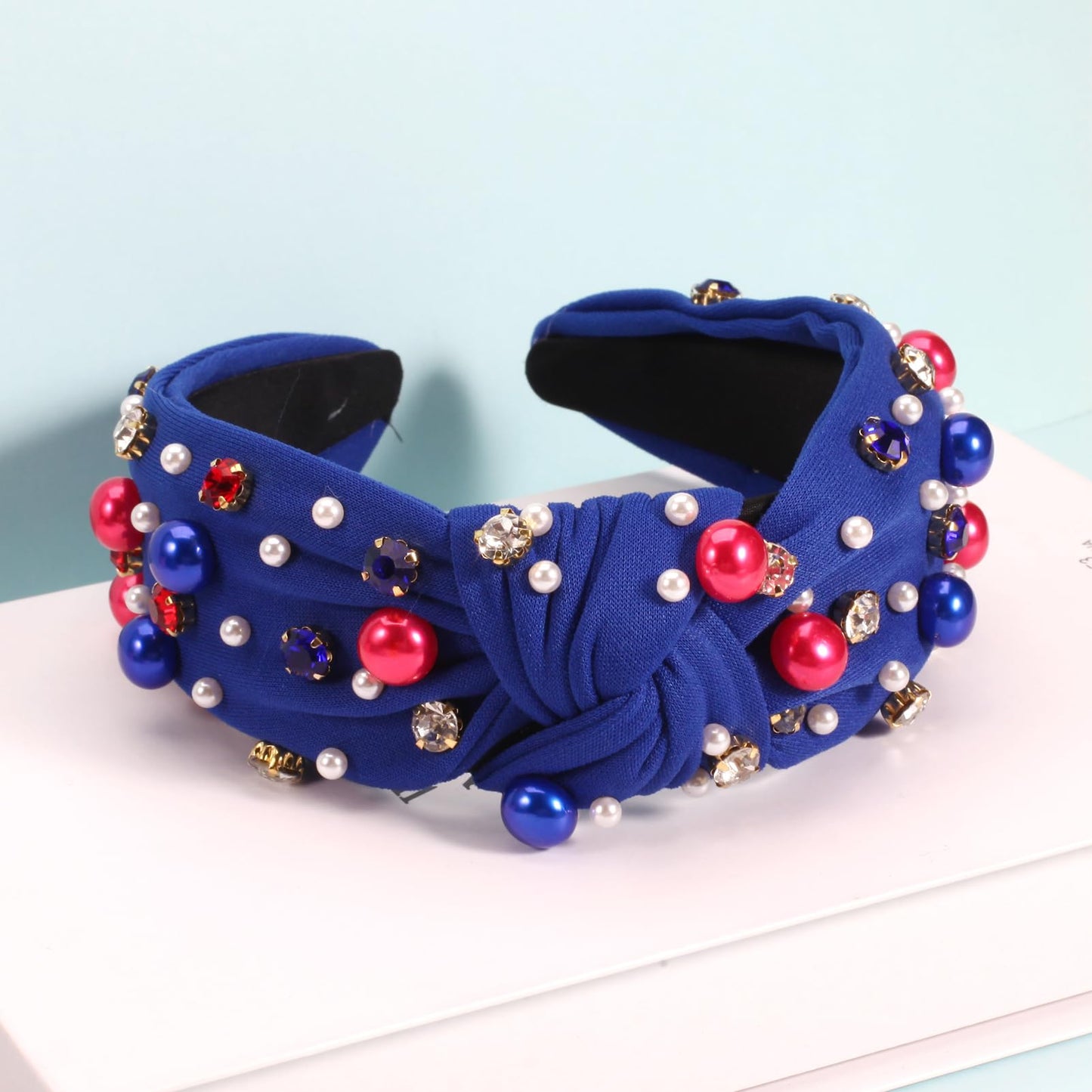 Ardorchid 4th of July Headbands for Women Girls Red White and Blue Pearl Knottted Headband Fourth of July Patriotic Wide Headband Rhinestone Hair Accessories Hair Hoop Party Favor Gifts