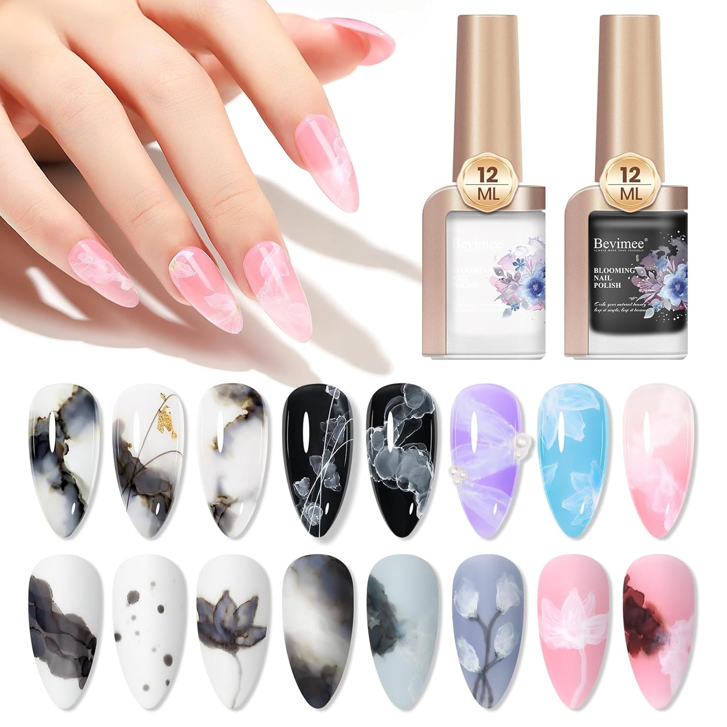 Blooming Gel | Black & White Marble Nail Polish - 12ML Watercolor Ink for Stunning DIY Flower Nail Art (2PCS)