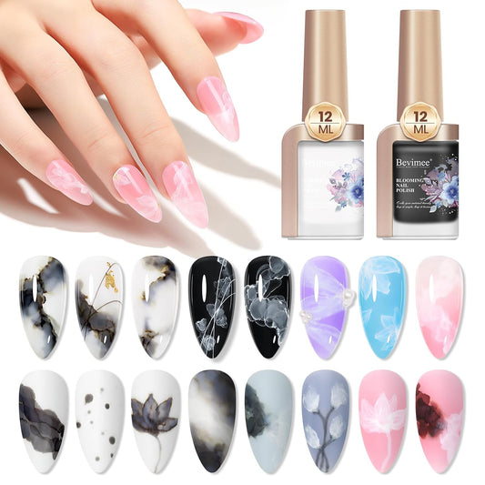 Blooming Gel | Black & White Marble Nail Polish - 12ML Watercolor Ink for Stunning DIY Flower Nail Art (2PCS)
