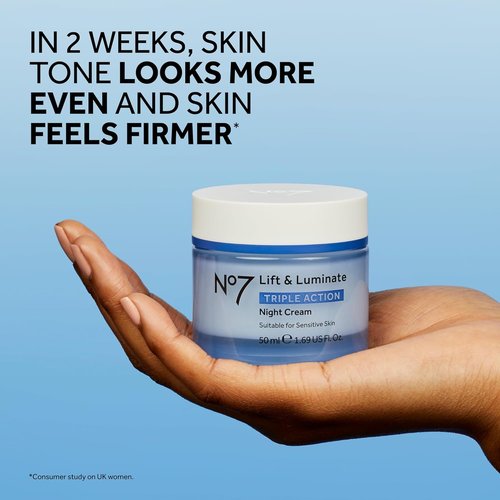 No7 Lift & Luminate Night Cream - Anti-Wrinkle Collagen Peptide Moisturizer with Hyaluronic Acid & Hibiscus - 1.7 Fl Oz for Radiant Skin