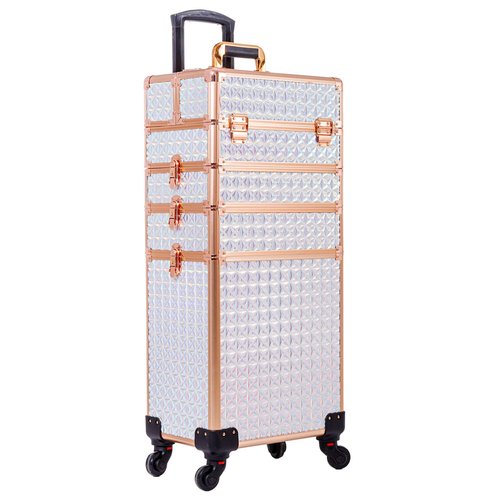 AROUS 5 in 1 Professional Makeup Train Case Aluminum Cosmetic Case Rolling Makeup Case Extra Large Trolley Makeup Travel Organizer, with 360° Swivel Wheels, White and Gold, JG0001