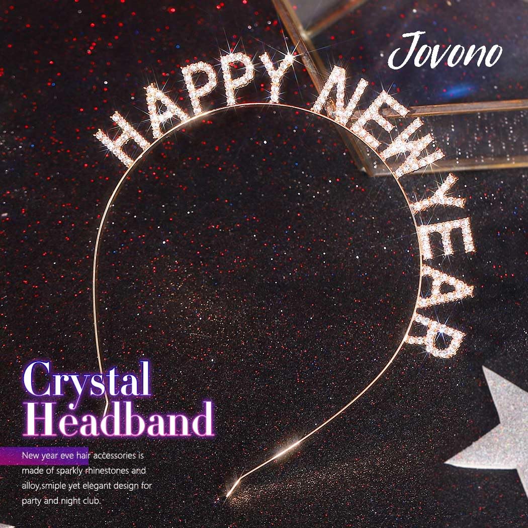 Jovono Happy New Year Headbands Rhinestone Christmas Hairband Crystal New Year Eve Hair Hoop Xmas Sparkly Party Headwear for Women and Girls(1Pcs) (Gold)