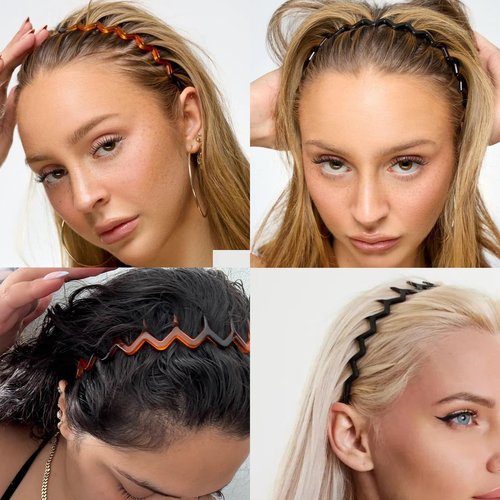 Miskate Zig Zag Headbands for Women 6 Pack Non-Slip Plastic Hairbands with Teeth Grip for Thick Hair, Tortoiseshell & Black Hair Accessories