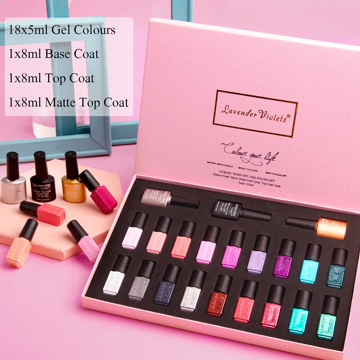 Lavender Violets 49 PCS Gel Nail Polish Set,45 Colors Summer Neon Glow in the Dark Effect with Nail Primer,Builder Base Coat,Glossy,Matte Top Coat Red Jelly Nude Glitter New Year Gifts for Women A950
