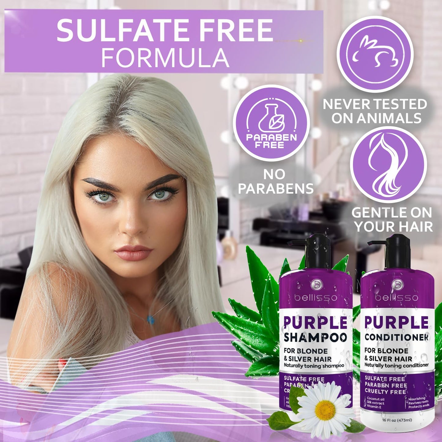 Skiennix Purple Shampoo and Conditioner Set - Sulfate & Paraben Free Toner for Blonde, Silver, and Grey Hair (2 x 16 fl oz)