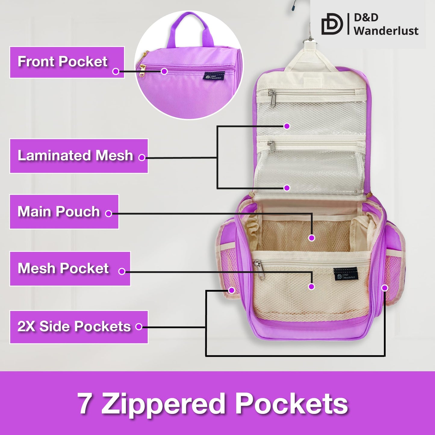 D&D Hanging Travel Toiletry Bag for Men and Women – Cosmetics, Makeup and Toiletries Organizer Kit with 10 Compartments, YKK Zippers, XXL Metal Swivel Hook, Water-Resistant Nylon