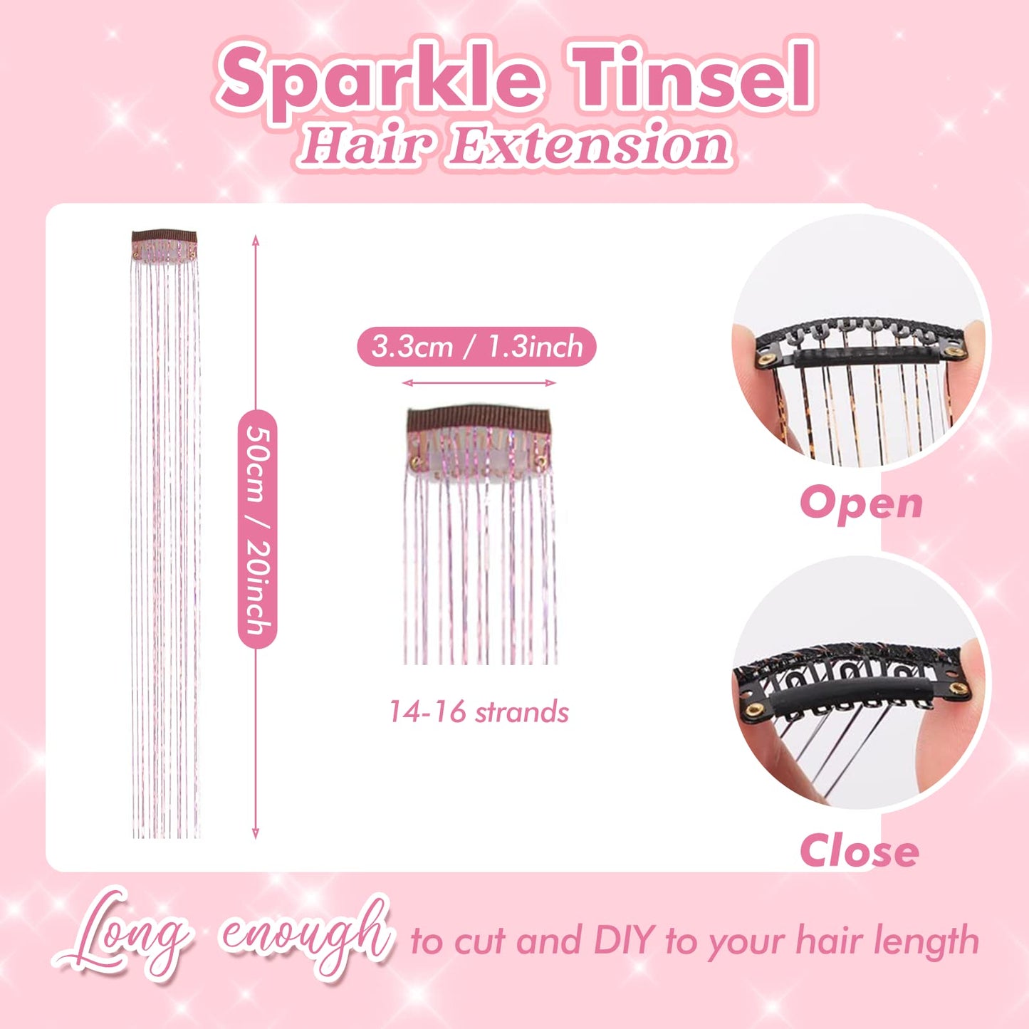 Clip in POROLIR Glitter Fairy Hair Extensions Kit - 6Pcs 20 Inch Shiny Sparkly Strands, Heat Resistant, Festival Gift for Women Girls Kids (Glitter Pink)