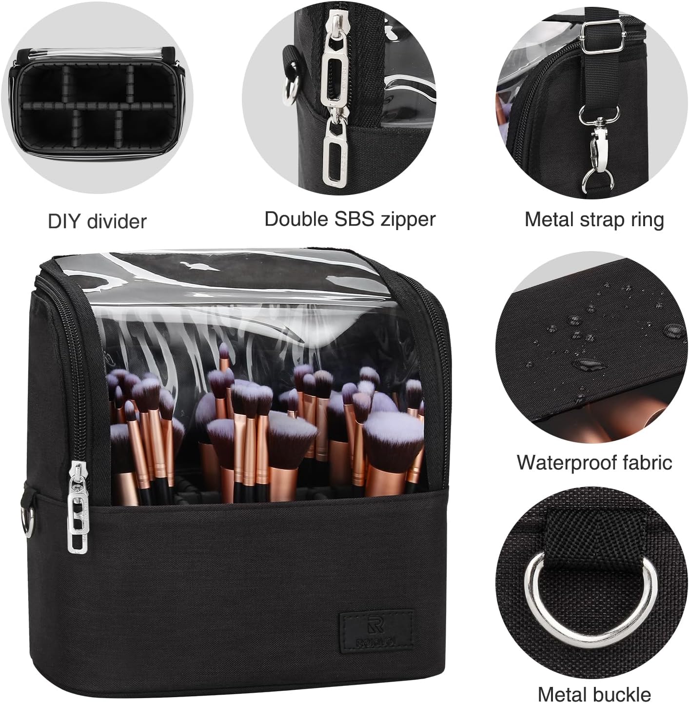 Skiennix Makeup Brush Organizer - Professional Travel Case with Adjustable Divider | Large Black