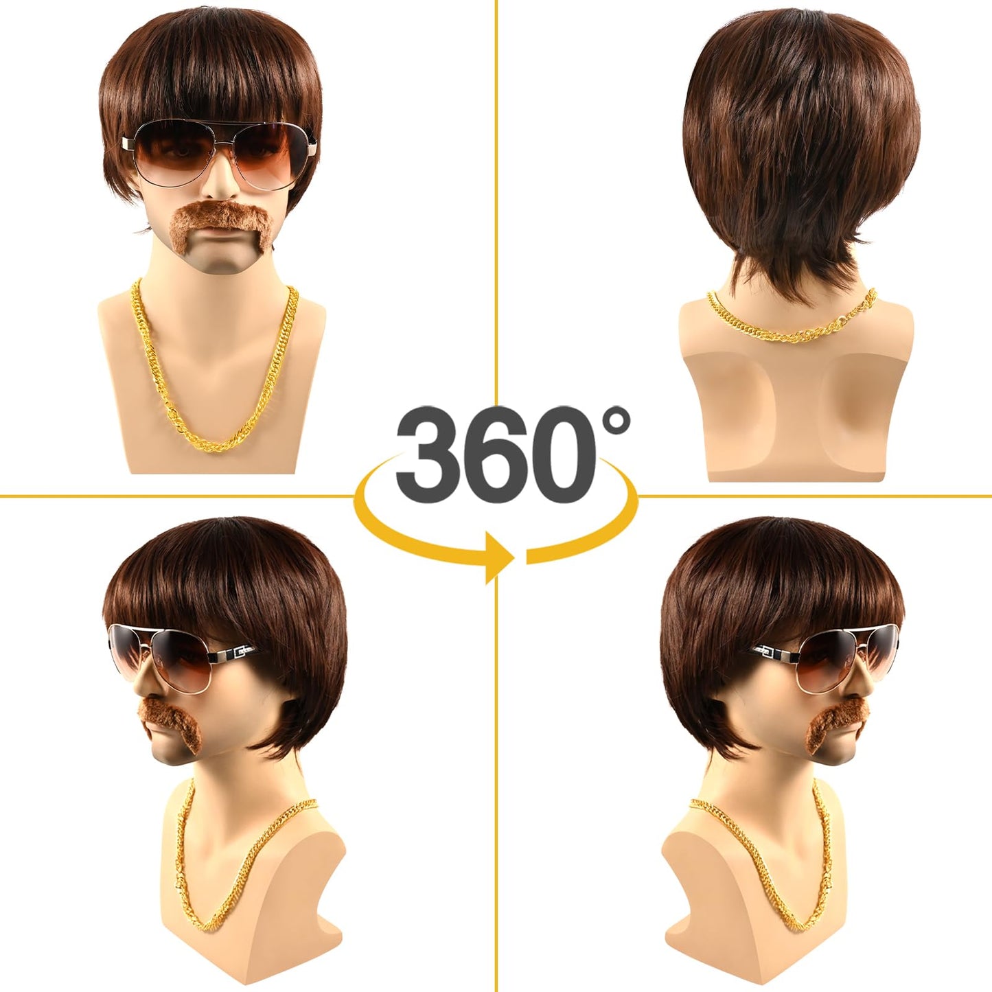 5Pcs 70s 80s Disco Wigs Set with Mustache Sunglasses Gold Chain Hairnet, Brown Afro Short Hair Synthetic Mullet Toupee for Adult Mens 50s 60s Singer Rocker Hippies Costumes Cosplay Halloween Party