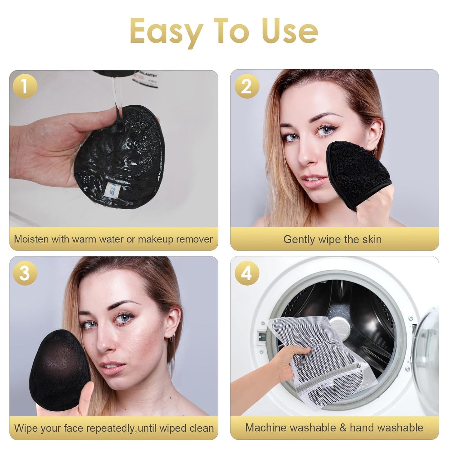 SINLAND Reusable Makeup Remover Pads - Gentle Microfiber Cleansing Cloths for All Skin Types | Black, Pack of 6