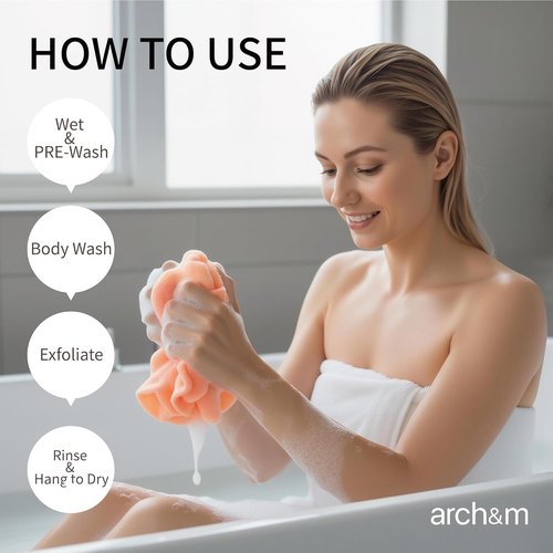 ARCH&M Exfoliating Washcloth Body Scrubber - 35-Inch Japanese & Korean-Style Back Towel | Quick-Dry 3 Pack for Smoother Skin