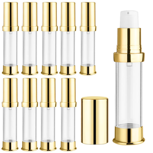 10 Pcs Empty Airless Pump Bottle Travel Cosmetic Cream Pump Bottle Refillable Vacuum Dispenser Pump Containers for Lotion Cream and More (gold-10ml)