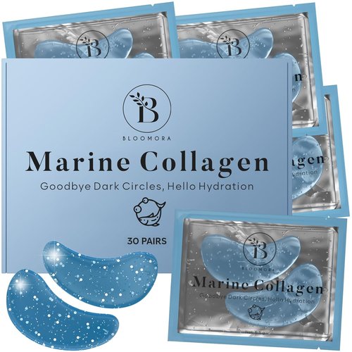 BLOOMORA Marine Collagen Under Eye Patches - Hydrating Mask for Puffy Eyes & Dark Circles | 30 Pairs