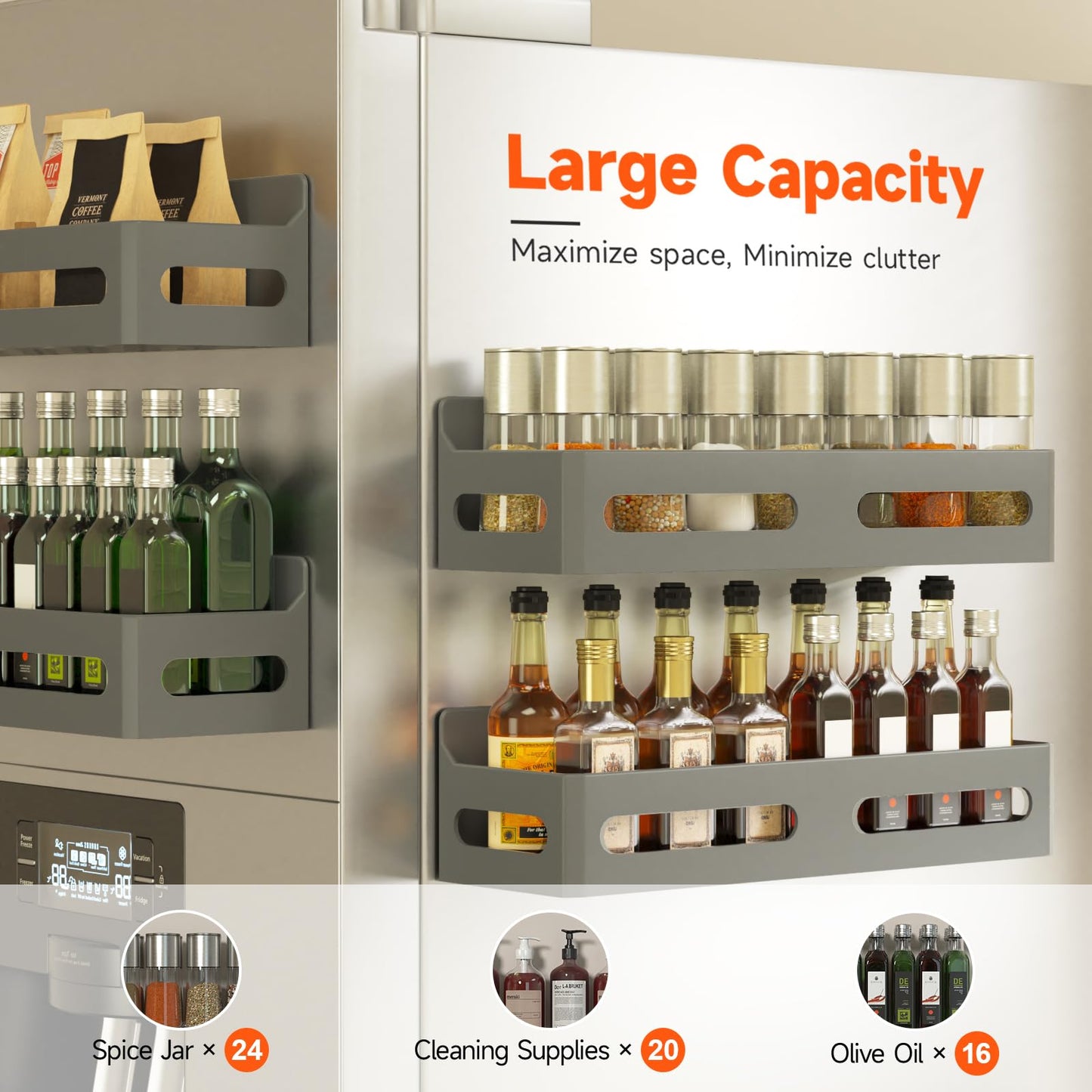 4 Pack Strong Magnetic Spice Rack for Refrigerator, Multipurpose Magnetic Shelf for Fridge with 4 Hooks for kitchen and Bathroom Organization, Black