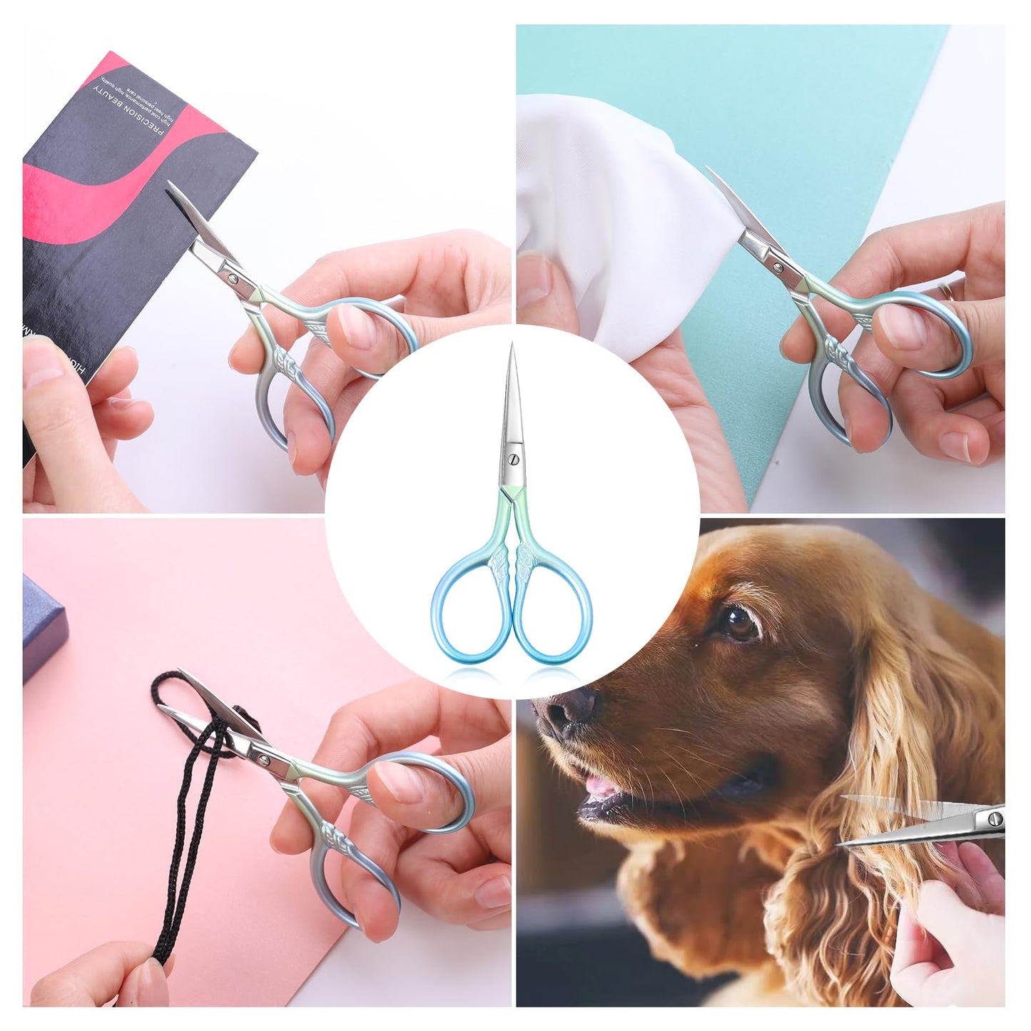 Small facial hair scissors, stainless steel (blue) versatile retro beauty kit for men's and women's bathrooms, nose hair, eyebrows, eyelashes, beard trim, with PU sheath