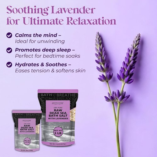 Aromasong Pure Raw Dead Sea Salt - 100% Natural Lavender Spa Bath Salt, 5 LB Resealable Pack