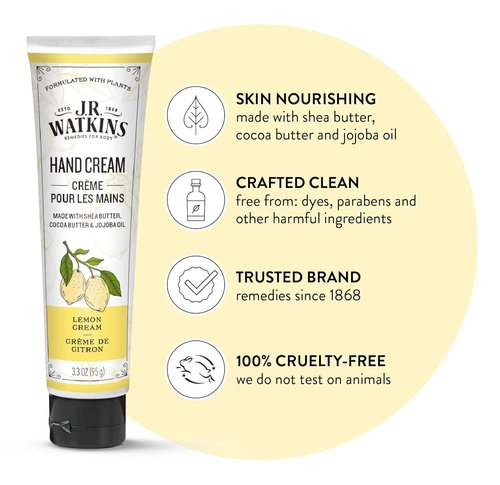 J.R. Watkins Hand Cream - Natural Moisturizing Hydrating Formula with Shea & Cocoa Butter | 3.3oz Lemon Cream