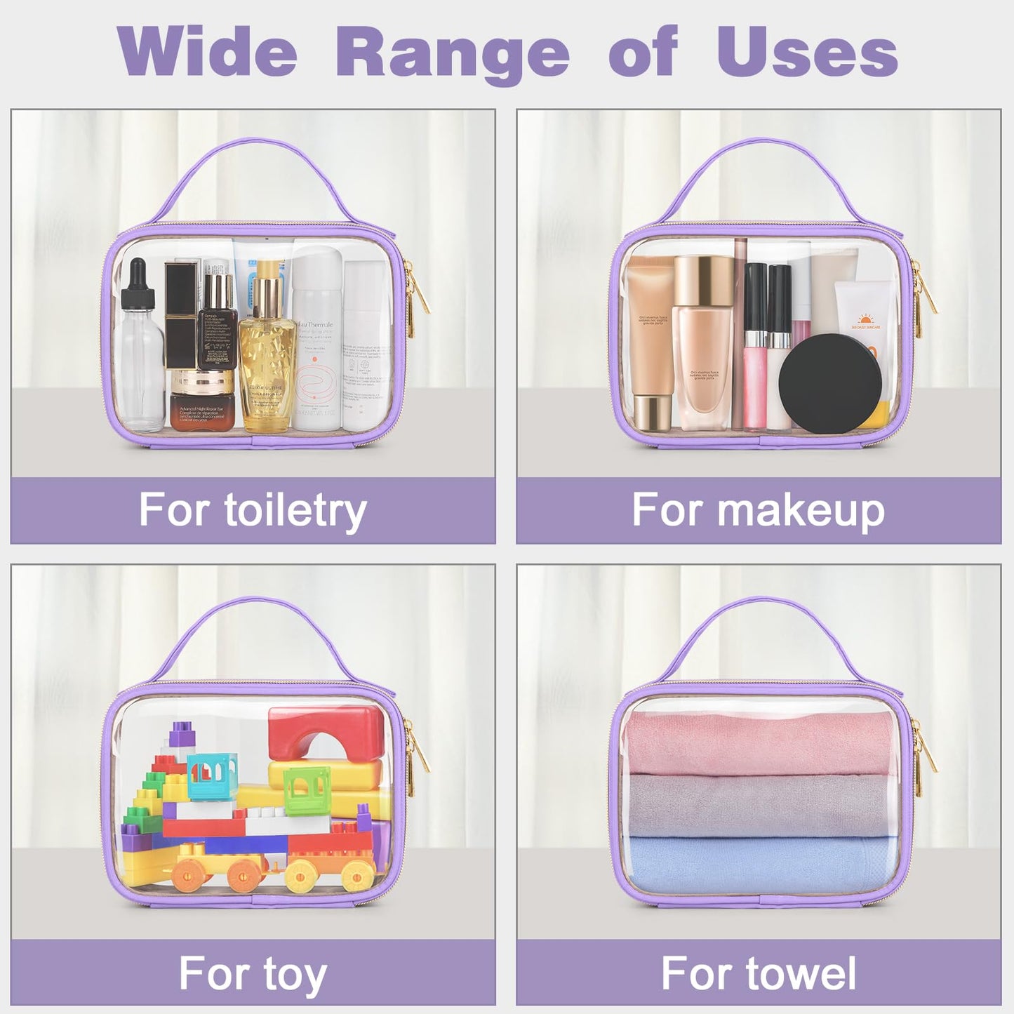 Wedama TSA Approved Toiletry Bag, 2 Pack Clear Makeup Bags with Handles, Quart Size PVC Clear Cosmetic Bags for Women and Men, Carry on Airport Airline Compliant Bag, Purple