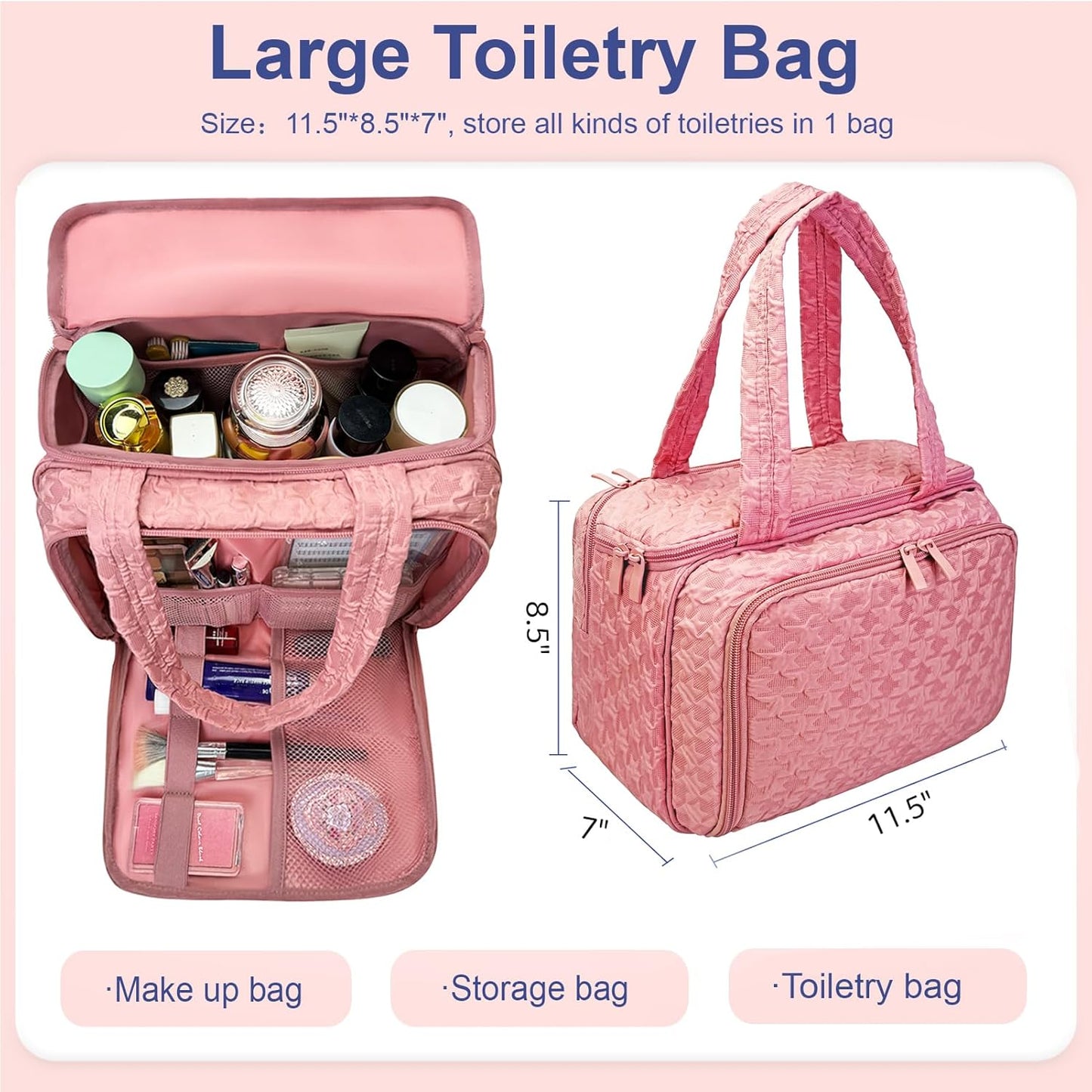 SMONT Toiletry Bag - Large 11.5" Travel Makeup & Skincare Organizer | Pink Cosmetic Case