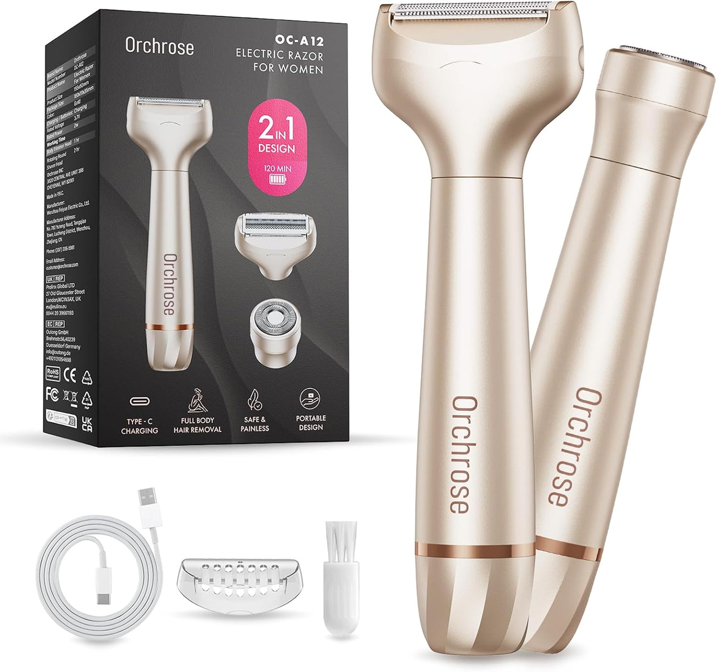 Skiennix Electric Razor for Women - 2-in-1 Painless Rechargeable Shaver for Face, Legs & Bikini Area