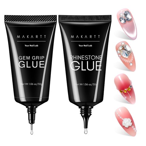Makartt Nail Rhinestone Glue Gel Set: 60g 3D Super Strong No Wipe Nail Glue for Charms Gems Crystals Beads Decorations Gem Grip Glue DIY Beginners & Salon UV Lamp Needed (2PCS Low & Medium Viscosity)