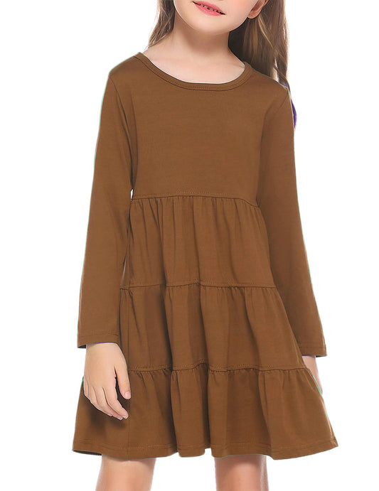 Arshiner Girls Long Sleeve Dress Fall Cotton Crewneck Tiered Ruffle Swing Solid Casual Midi Dresses Brown 6 Years