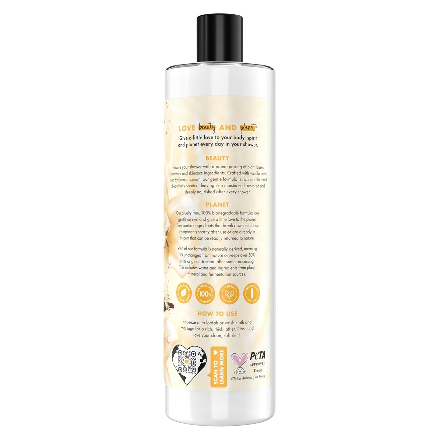 Love Beauty and Planet Plant-Based Body Wash Hydrate & Restore Vanilla Bean & Hyaluronic Serum No Sulfate Cleansers, Cruelty Free, 92% Naturally Derived 20 oz
