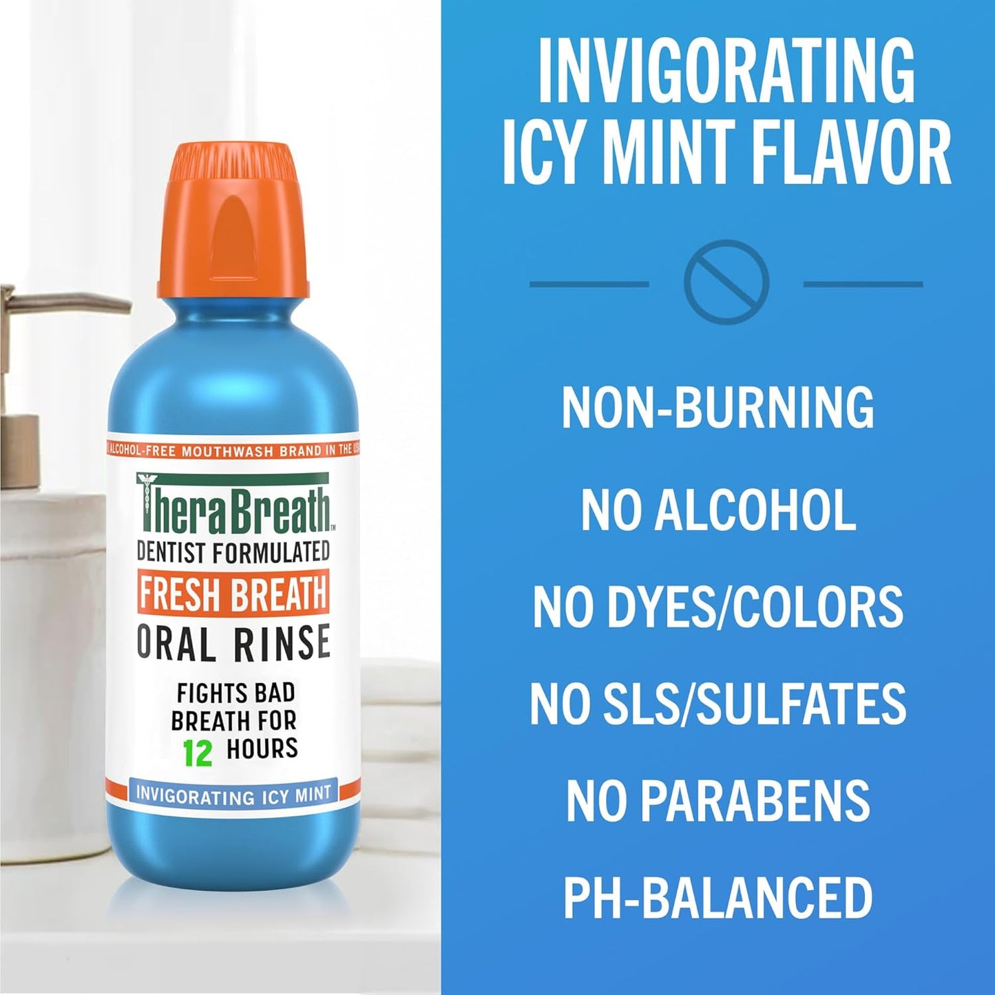 TheraBreath Fresh Breath Mouthwash - Icy Mint Flavor, Alcohol-Free, 16 Fl Oz (Pack of 2)