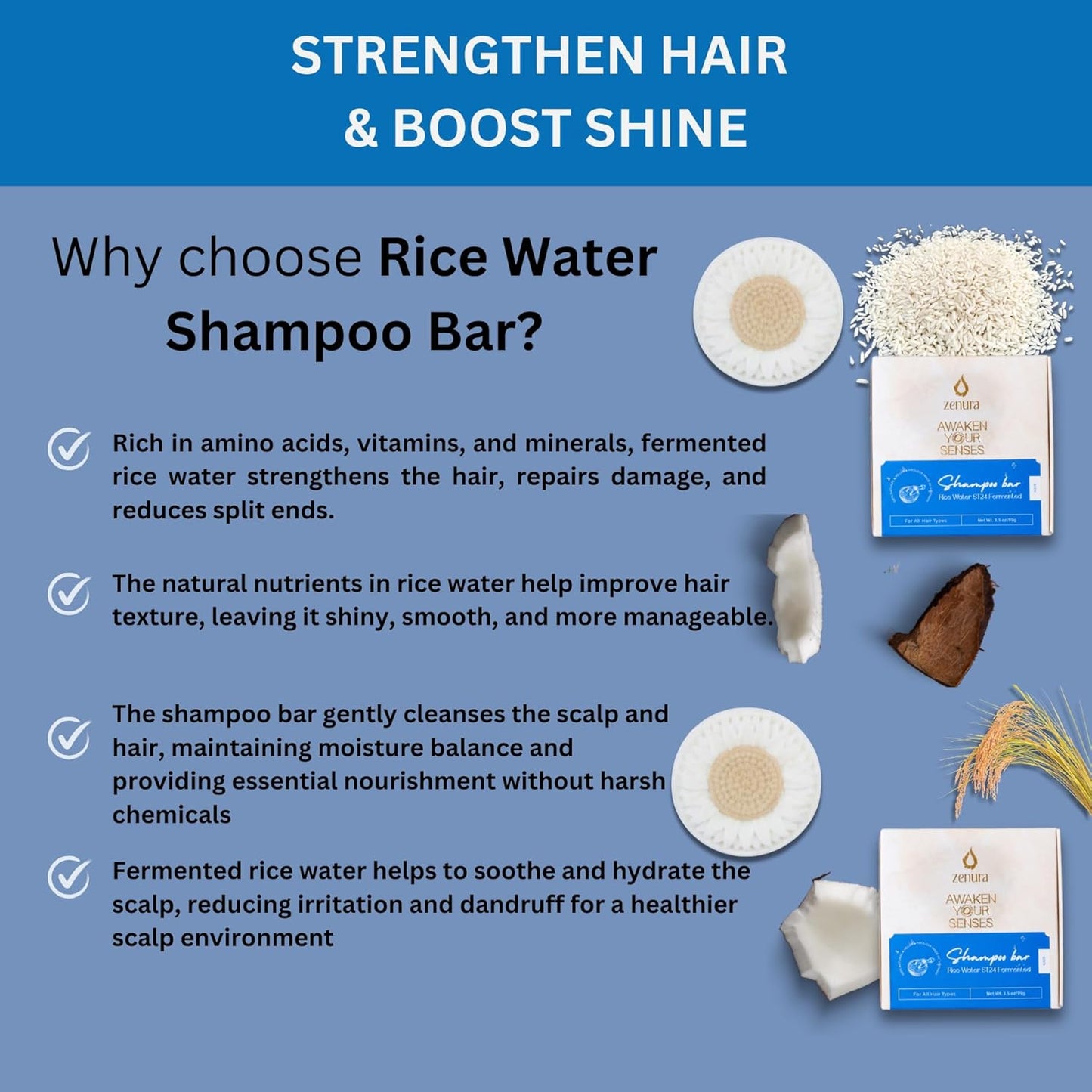 Skiennix Rice Water Shampoo Bar - Natural Hair Growth Formula with Coconut Oil | Eco-Friendly & Vegan - 3.5 oz