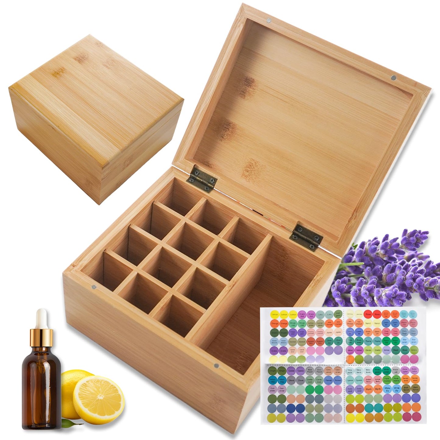 Pure Vie Wooden Essential Oil Storage Box Travel Organizer Case with Bottle Cap Label - Aromatherapy Nail Polish Fragrance Container, Holds 13 Bottle for 5-30ml - Keep Scented Oil Safe & Space Saver